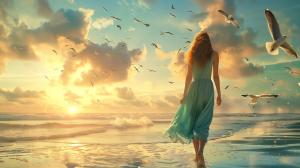A tranquil beach scene at sunset with a woman walking along the shore and seagulls flying in the sky.

