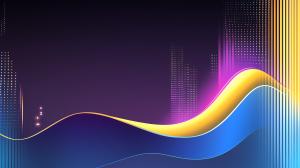 A vibrant, modern background with flowing waves and dotted patterns in blue, yellow, and purple.

