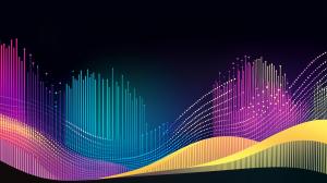 A vibrant abstract design featuring colorful waveforms and sound bars on a dark background.

