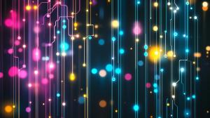 Vibrant abstract technology background with glowing lines and dots.

