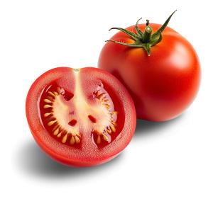 A vibrant red tomato, whole and sliced, symbolizing fresh produce and healthy eating.