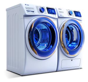 This image features a modern washing machine and dryer, symbolizing laundry and housework efficiency.