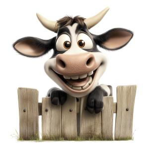A cheerful cartoon cow leaning on a fence, symbolizing happiness in farming and agriculture.
