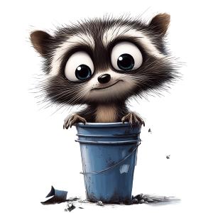 A cute raccoon peeks out from a blue bucket, embodying curiosity and playfulness.