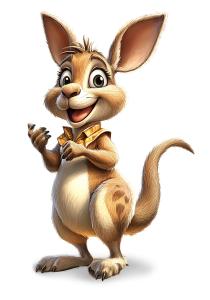 A cheerful cartoon kangaroo character with a friendly smile and a yellow checkered vest.