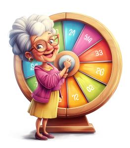 This image features a joyful elderly woman next to a colorful gameshow wheel, symbolizing luck and taking chances.