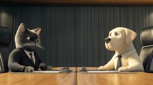 A cat and dog in business attire seated at a conference table, suggesting a corporate meeting.

