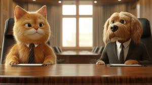 A cat and dog in suits sit at a conference table in a bright office setting.

