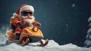 Santa Claus joyfully rides a snowmobile through a snowy landscape, embodying festive spirit and adventure.