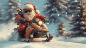 Santa Claus joyfully rides a snowmobile through a snowy landscape, embodying holiday spirit and adventure.

