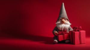 A festive gnome with gifts on a red background, perfect for holiday presentations.

