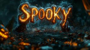This image features the word &quot;SPOOKY&quot; in a fiery, Halloween-themed style with pumpkins and mist.

