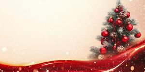 A festive Christmas tree with red ornaments and a warm background, perfect for holiday presentations. 


