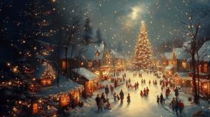 A cozy winter village scene with a decorated Christmas tree and festive villagers in the snow.

