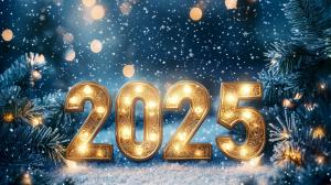 A festive winter scene featuring illuminated &quot;2025&quot; numbers with snowflakes and evergreen branches.