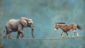 An elephant and a donkey walking on a tightrope against a blue-green background.