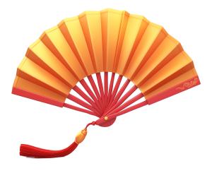 This image depicts a traditional Chinese fan, vibrant in orange and red, symbolizing cultural elegance.