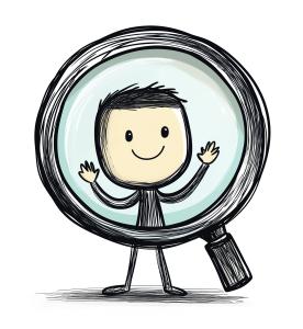 A cheerful character inside a magnifying glass, symbolizing self-examination and introspection.