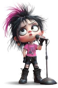 A punk rock girl character with spiky hair and a microphone, symbolizing rebellious youth culture.