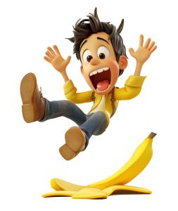 A cartoon boy humorously tripping over a banana peel, representing clumsiness and unexpected accidents.