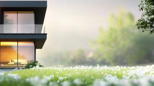 A modern house surrounded by a lush green lawn and flowers, set in a tranquil natural environment.