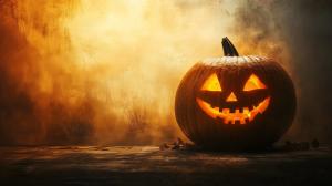 A glowing jack-o&#039;-lantern against a warm, golden background, perfect for Halloween themes.