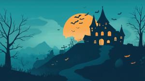 A spooky Halloween landscape with a haunted house, glowing moon, bats, and eerie trees.