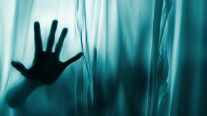 A hand reaches through a translucent curtain, illuminated in soft blue tones, evoking mystery and emotion. 

