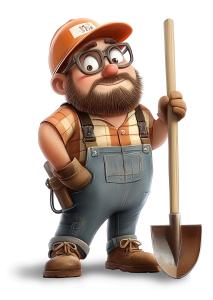 This image depicts a cheerful cartoon farmer or construction worker holding a shovel, symbolizing hard work and agriculture.