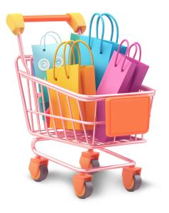 This colorful shopping cart filled with bags symbolizes shopping and online e-commerce.