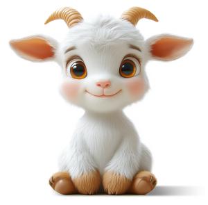 This image showcases a cute baby goat with fluffy fur and a cheerful expression.