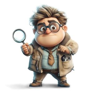 A cartoon detective holding a magnifying glass, symbolizing investigation and attention to detail.