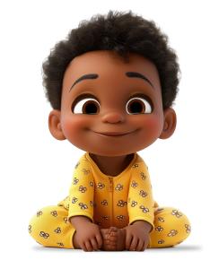 Cute toddler boy in a yellow onesie, smiling joyfully while sitting.