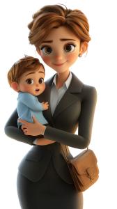 This image depicts a working mother holding her son, symbolizing the balance between family and career.