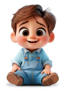 A joyful baby boy in blue overalls, radiating innocence and happiness.