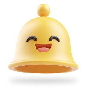 A cheerful cartoon notification bell with a smiling face, ideal for alerts and reminders.