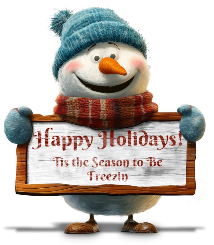 This Presentation Clipart shows a preview of Festive Smiling Snowman Holding Sign - Customizable Clipart