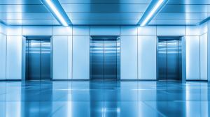 Download this modern elevator lobby PowerPoint and presentation background with sleek design and cool blue lighting.