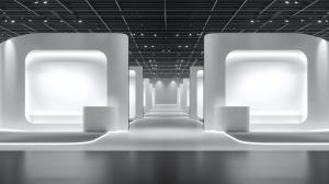 Download this sleek, modern exhibition space with illuminated white walls and contrasting dark flooring.