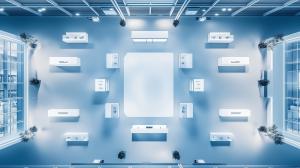 A modern conference room layout with white furniture and a blue backdrop, viewed from above.