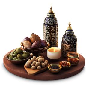 Download this image features a platter of traditional Ramadan foods alongside decorative lanterns, symbolizing celebration and togetherness.
