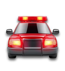 Download this image featuring a vintage red police car with flashing emergency sirens, symbolizing law enforcement and public safety.