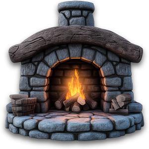 Download this clipart image of a cozy stone fireplace with a warm fire, perfect for creating a welcoming atmosphere.