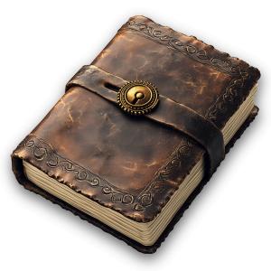 This image features an elegant leather-bound book with a decorative strap and golden button.