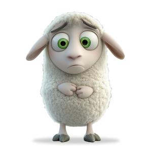 Download this image depicts a sad cartoon sheep with large green eyes and a fluffy coat.