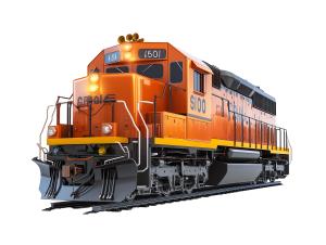 Download this orange train locomotive on rails, symbolizing power and efficiency in transportation.
