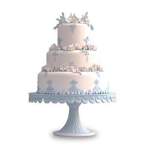 Download this image features an elegant three-tiered party cake on a decorative stand, perfect for celebrations.