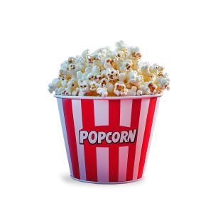 Download this image showing a full bucket of popcorn with red and white stripes.