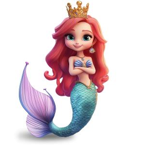 Download a charming cartoon mermaid with red hair and a golden crown, embodying fantasy and adventure.