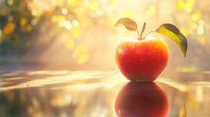 This image shows a fresh red apple, symbolizing health and education, illuminated by soft light.

